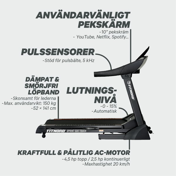 FitNord Sprint 500 Touch Löpband *SMÖRJFRI* 13