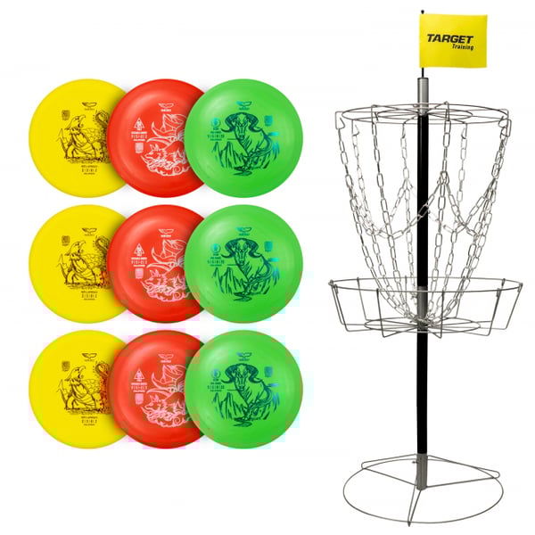 Discgolf Frisbee Startpaket med korg och 9 diskar